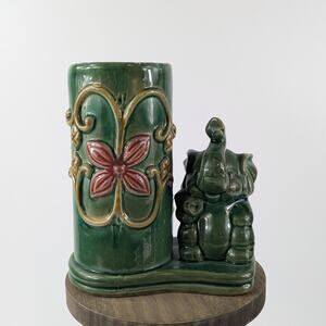 Lucky Elephant Bamboo Planter Pot Vase Vintage 6" Green Ceramic Handmade Vessel